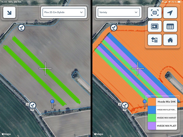 Print Screen fra FieldView med kortlæggelse af de parceller, der er pløjet vist sammen med såningen